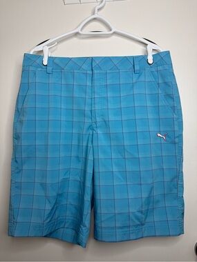 NWOT Puma Men’s Turquoise with Pink, White Plaid Golf Shorts W36